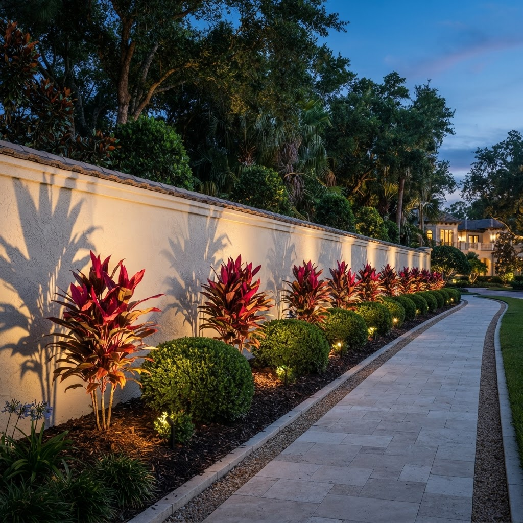 Uplit avenue plantation with cordyline plants and hedges along a boundary wall