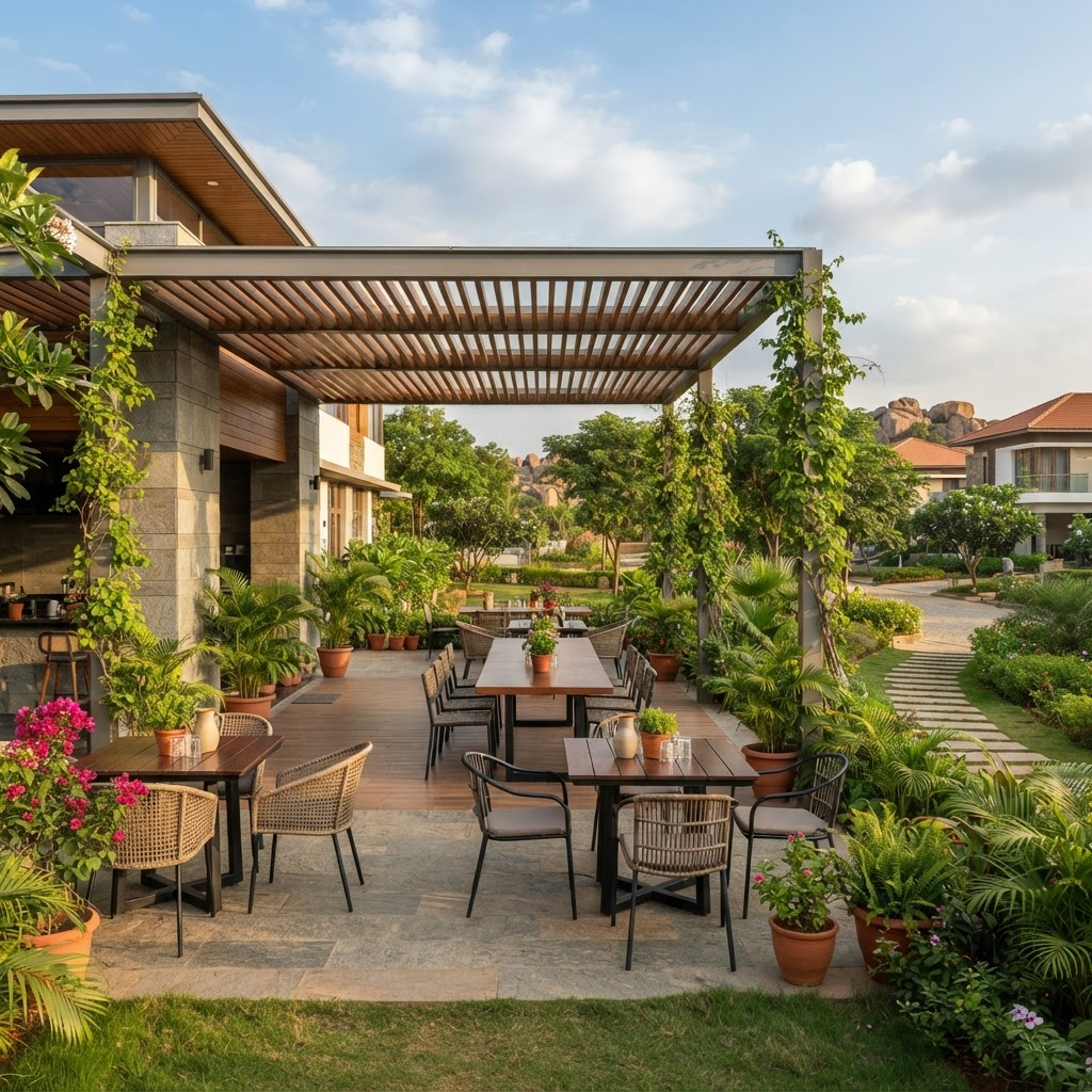 Open-air community cafeteria with shaded seating