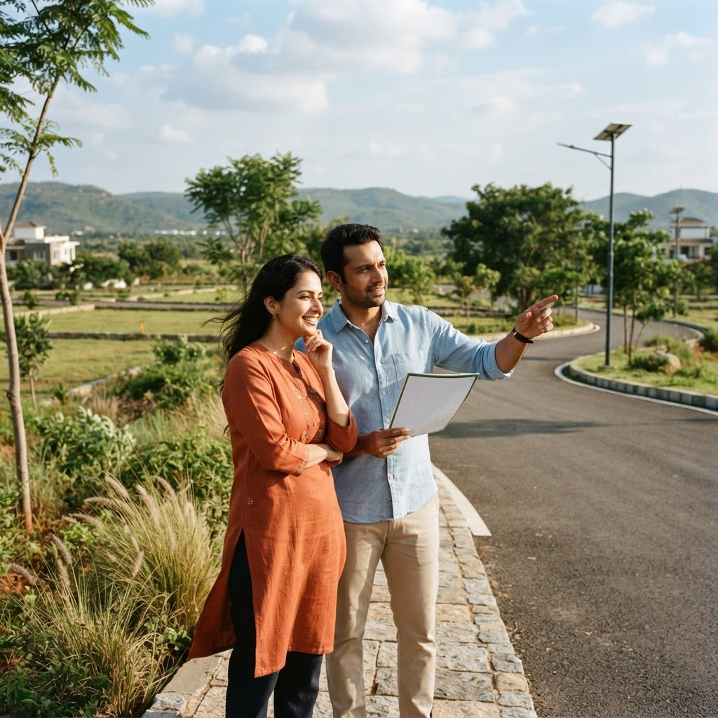 Indian couple viewing a plotted residential development