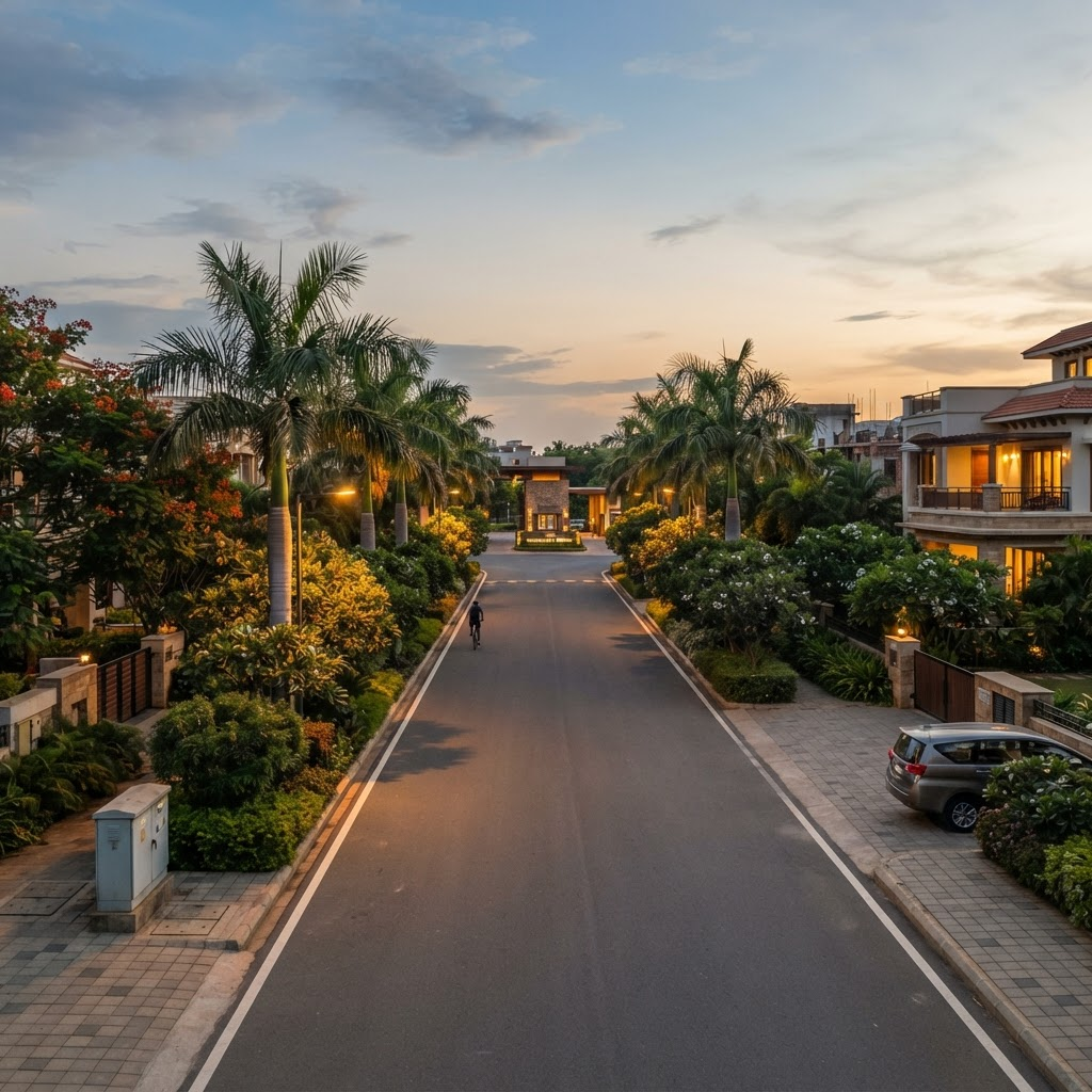 Warm streetlights along a community avenue