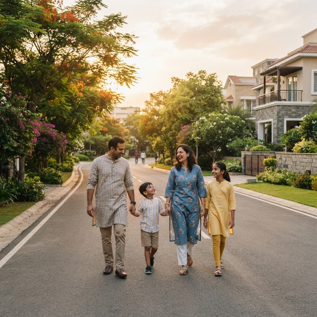 Indian family walking through a landscaped plotted community