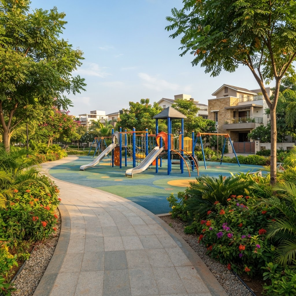 Children's play area in a landscaped community
