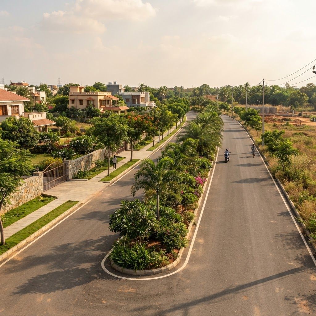 Landscaped internal road in a Telangana plotted community